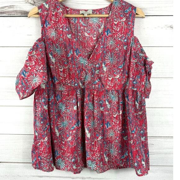 Lucky Brand Top with Cold Shoulder‎ Sleeves Surplice V neck Sz Large - Picture 1 of 6